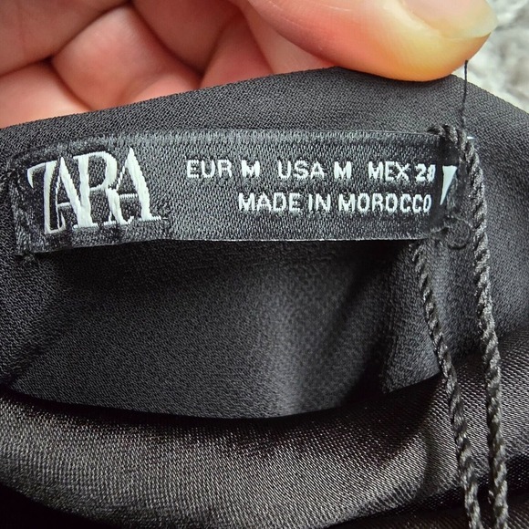 Zara Slip Dress Womens‎ Medium Black Satin Mini Drape Neck Tie Sides Night Out - Picture 4 of 13